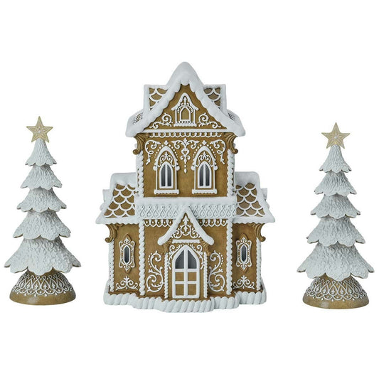 Gingerbread House Set with Warm White LED Lights 38cm Resin Christmas Village Decoration — image 2