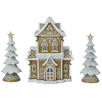 Gingerbread House Set with Warm White LED Lights 38cm Resin Christmas Village Decoration