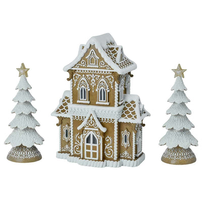 Gingerbread House Set with Warm White LED Lights 38cm Resin Christmas Village Decoration