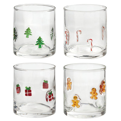 Pandex Holiday Glass 4 Piece Set 414ml with Candy Cane, Gingerbread Man, Christmas Tree and Gift Designs