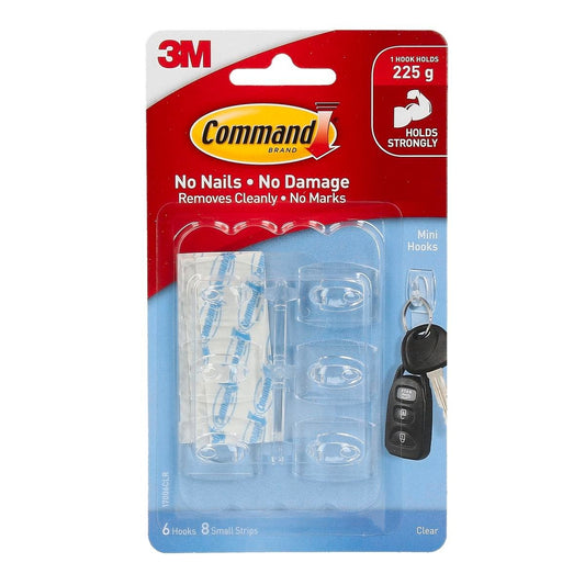 Command Mini Clear Hooks 6 Pack - Adhesive - Plastic - Damage-Free