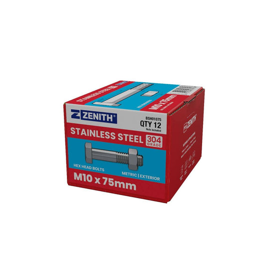 Zenith Stainless Steel 304 Hex Head Bolts & Nuts 12 Pack M10 x 75mm - Auzzistore