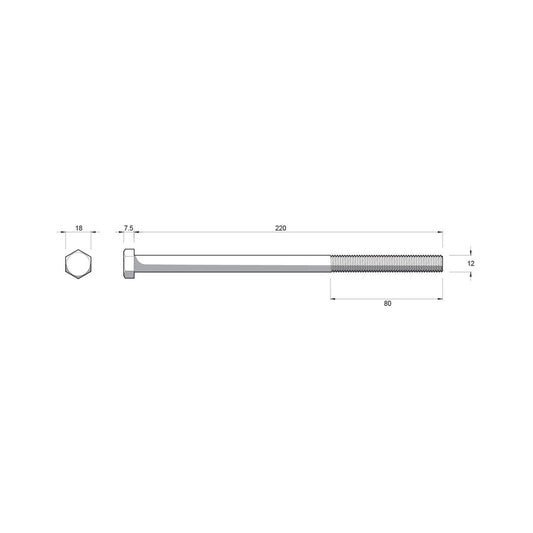 Zenith Hot Dipped Galvanised Hex Head Bolt - M12 x 220mm - 4.6 Grade Steel - 1 Pack – view 2 - Auzzistore