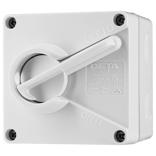 DETA IP66 Weatherproof 20A Double Pole Isolator - 85mm x 85mm x 70mm - White - Secure Circuit Disconnection - Auzzistore