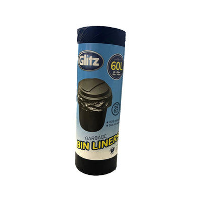 Glitz 60L Black Garbage Bags - 25 Pack - High-Density Polyethylene - Durable