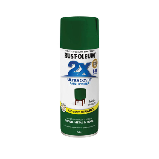 Rust Oleum 2x Ultra Cover Satin Spray Paint 340g - Seaweed Green - Fast Drying - Auzzistore