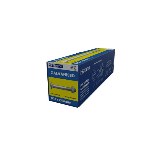 Zenith Hot Dip Galvanised Cup Head Bolts Nuts M12 x 240mm 12 Pack - Auzzistore