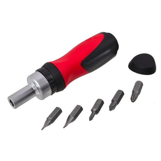 Trojan 6 in 1 Ratchet Screwdriver Stubby - Red and Black - 75mm x 40mm x 190mm