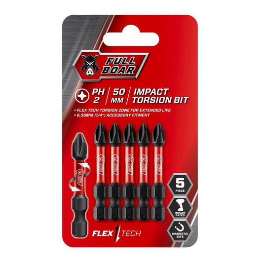 Full Boar Impact Torsion Bit - PH2 x 50mm - S2 Steel - 5 Pack - Auzzistore