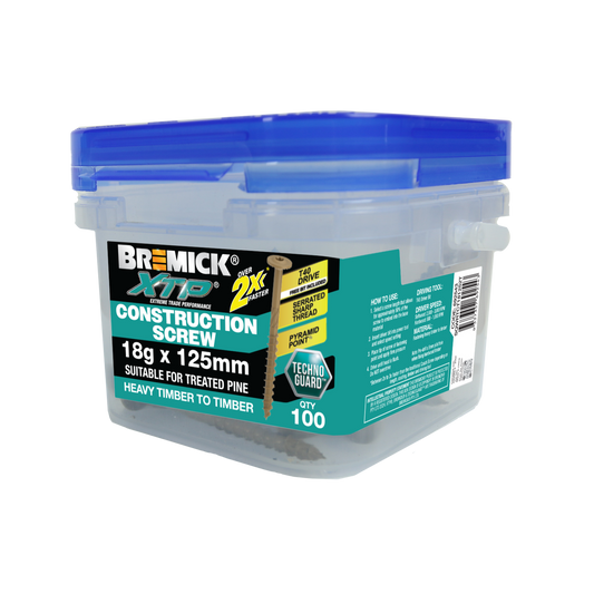 Bremick XTP Construction Screw 18g x 125mm - TechnoGuard Tan - 100 Pack - Serrated Washer Head - Pyramid Point - Auzzistore