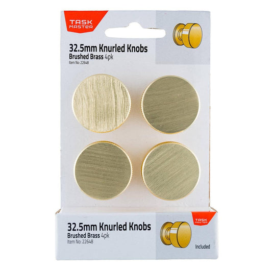 Taskmaster 32mm Knurled Cabinet Knobs 4 Pack - Brushed Brass - Modern Design