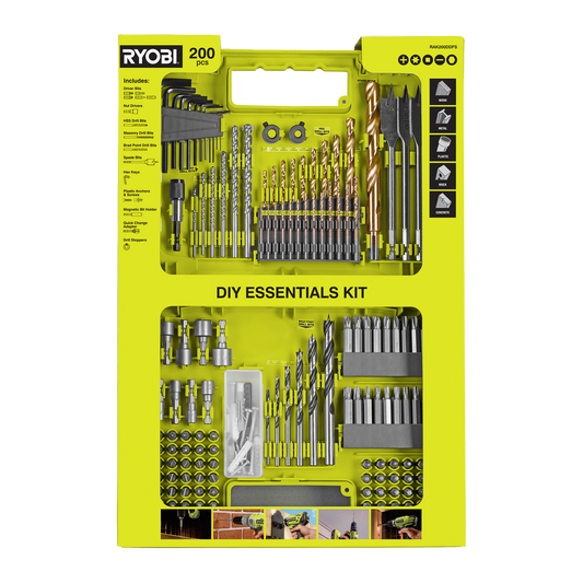Ryobi 200 Piece DIY Essentials Kit - 281mm x 58mm x 420mm - Versatile Tools - Auzzistore