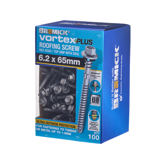 Bremick Vortex Plus Roofing Screw 6.2 x 65mm - 100 Pack - Hex Head - Durable - Auzzistore