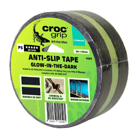Croc Grip Anti-Slip Tape - 5m x 50mm - Glow in the Dark - P5 Rated - Auzzistore