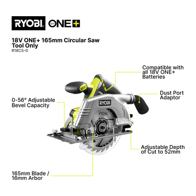 Ryobi 18V ONE+ 165mm Circular Saw Skin Only - Ultra Thin Blade - 2.45kg