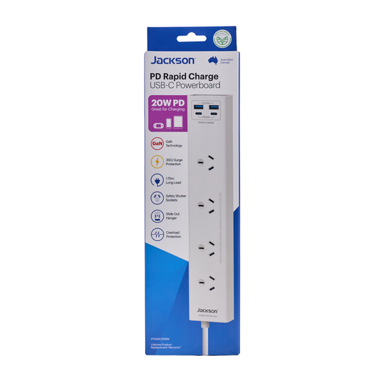 Jackson 4 Outlet Powerboard - 1.75m Lead - PD20W USB-C - White