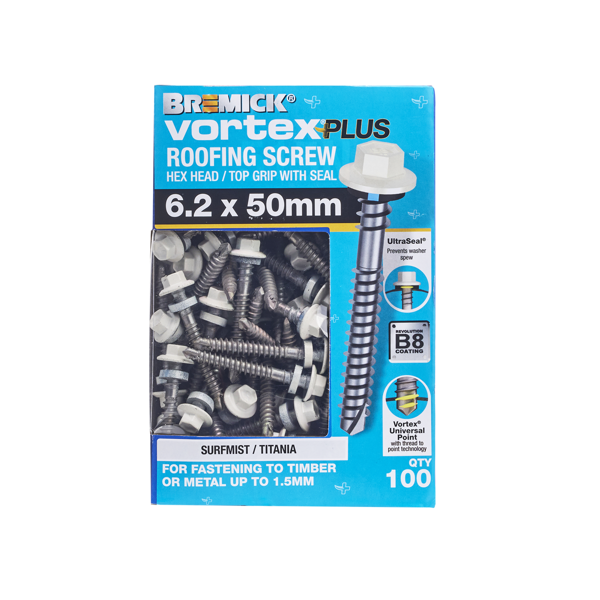 Bremick Vortex Plus Roofing Screw 6.2 x 50mm - Box of 100 - Hex Drive ...