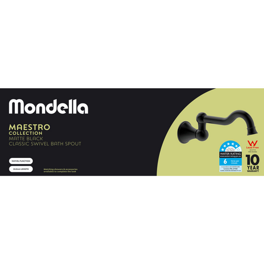 Mondella Black Matte Maestro Classic Swivel Bath Spout - 243mm - Lead Free Brass – view 2