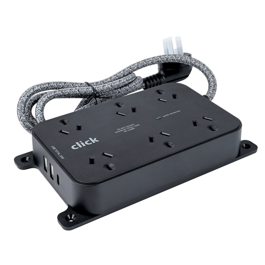 Click 6 Outlet Powerboard - Compact Design - Surge Protection - White - 300mm x 100mm