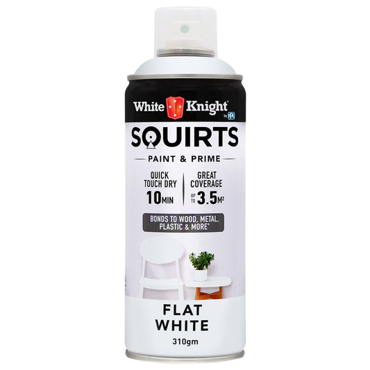 White Knight Squirts 310g White Flat Spray Paint - Solvent Based - Quick Dry - Durable Finish
