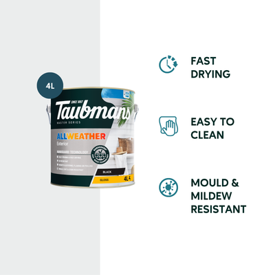 Taubmans 4L Black Gloss All Weather Exterior Paint - Water Based - Mould Resistant