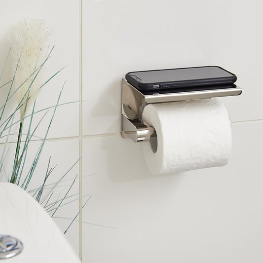 Naleon Adhesive Toilet Roll Holder with Shelf - Chrome - 140mm x 93mm - Rust Resistant – view 2 - Auzzistore