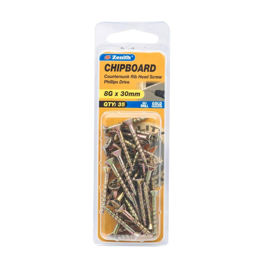 Zenith 8g x 30mm Countersunk Rib Head Chipboard Screws - 35 Pack - Gold - Self-Drilling - Auzzistore