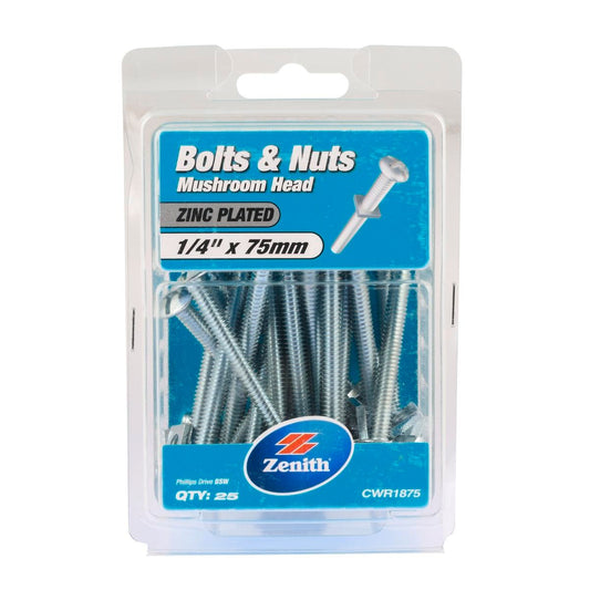 Zenith Mushroom Head Bolt - 1/4" x 75mm - Zinc Plated - 25 Pack - Auzzistore