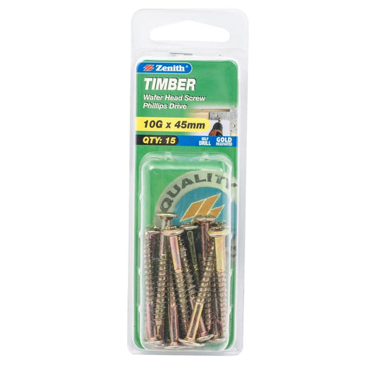 Zenith Timber Screws 10g x 45mm Gold Passivated 15 Pack