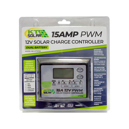 Kt Solar 15A 12V Solar Controller PWM KT70762 - Dual Battery Charging - LCD Display – view 2 - Auzzistore