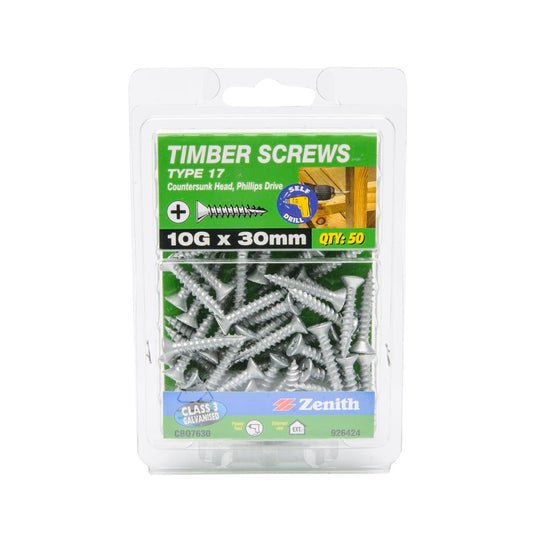 Zenith Timber Screws 10g x 30mm Galvanised Type 17 50 Pack - Auzzistore