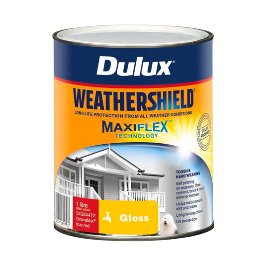 Dulux Weathershield Exterior Paint - True Red Gloss - 1L - 1.183kg - Auzzistore