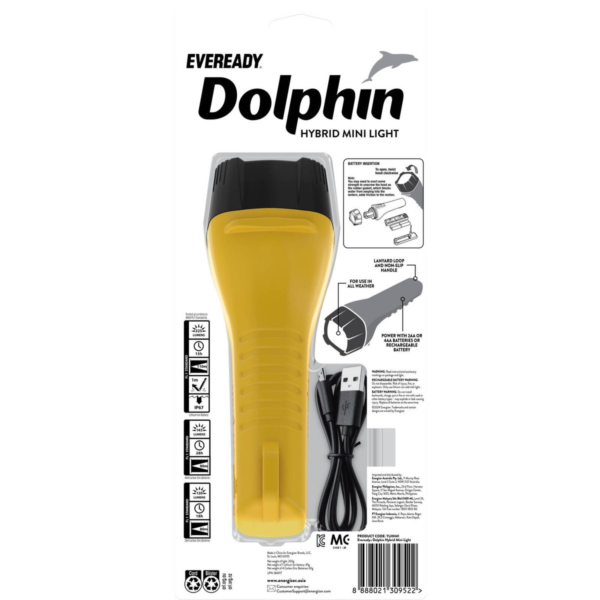 Eveready Dolphin Hybrid Rechargeable Floating LED Flashlight 225 Lumen - 135mm x 317mm x 67mm - Waterproof - Durable