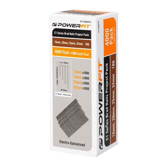 Powerfit C1 Series Brad Nails Project Pack - 4000 Electro-Galvanised - 15mm, 20mm, 25mm, 32mm - Auzzistore