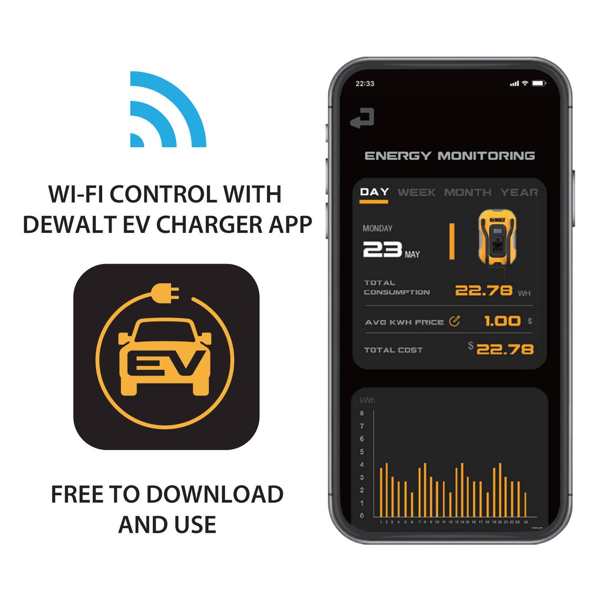 Dewalt Smart EV Charger 7kW 32A Type 2 with 5m Cable - IP65 Weather-Resistant