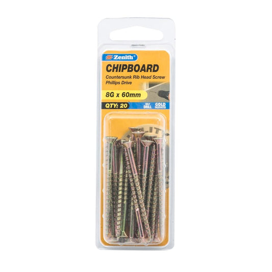 Zenith 8g x 60mm Countersunk Rib Head Chipboard Screws - 20 Pack - Gold - Self-Drilling - Auzzistore
