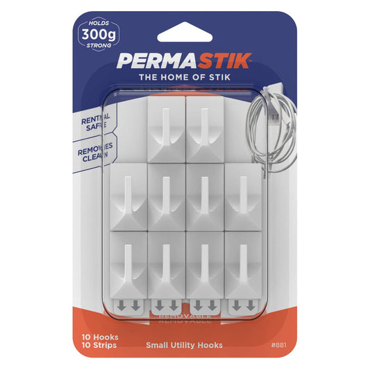 Permastik Small Utility Hooks 10 Pack - 20mm x 30mm - Holds 300g - Easy Application