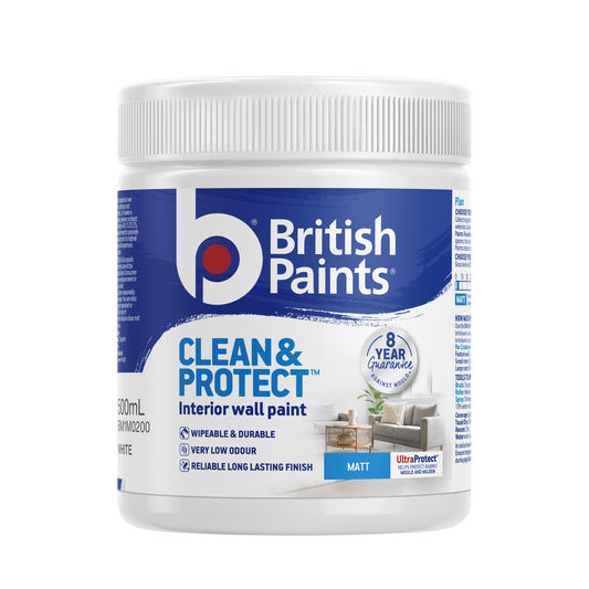 British Paints White Matt Clean and Protect Interior Paint 500ml - Wipeable Finish - 8-Year Mould Guarantee - Auzzistore