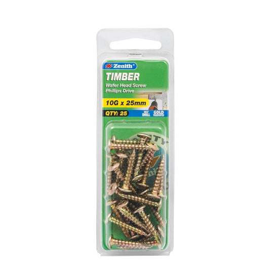 Zenith Timber Screws - 10g x 25mm - Gold Passivated - 25 Pack - Auzzistore