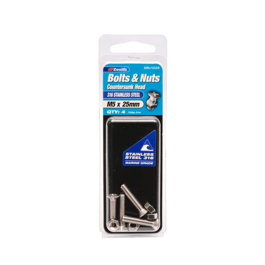 Zenith M5 x 25mm 316 Stainless Steel Countersunk Bolt and Nut 4 Pack - Auzzistore