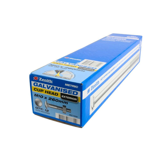 Zenith M10 x 260mm Hot Dip Galvanised Cup Head Bolts And Nuts 12 Pack