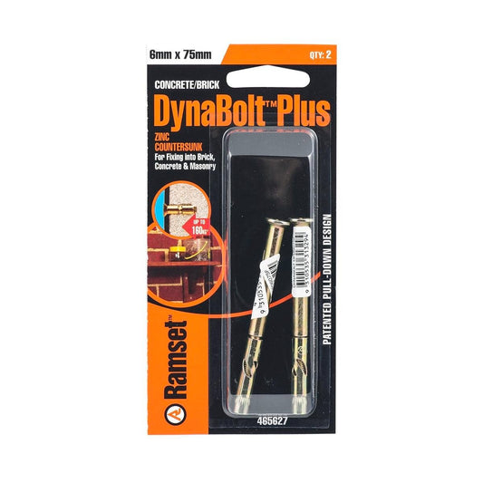 Ramset Dynabolt Plus 6 x 75mm Flat Head Bolt 2 Pack Gold Steel Security - Auzzistore