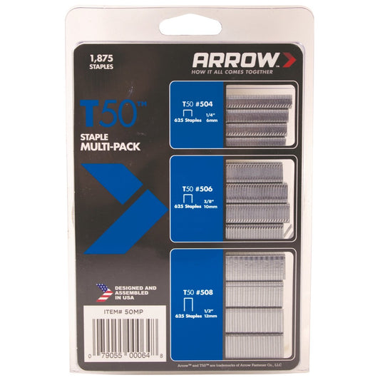 Arrow T50 Staple Multi Pack - 1875 Staples - 6mm, 10mm, 12mm - Steel - Auzzistore