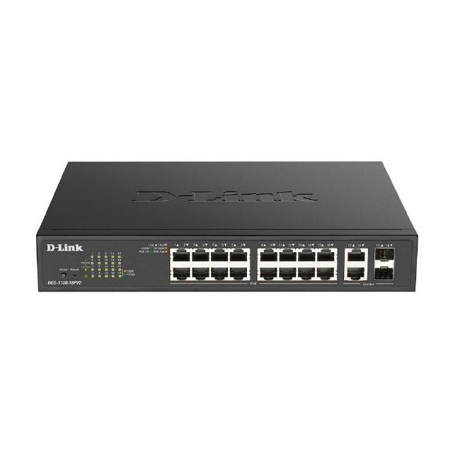 D-Link 18-Port Smart Managed Switch with 16 PoE+ and 2 Combo RJ45/SFP ports. PoE budget 130W