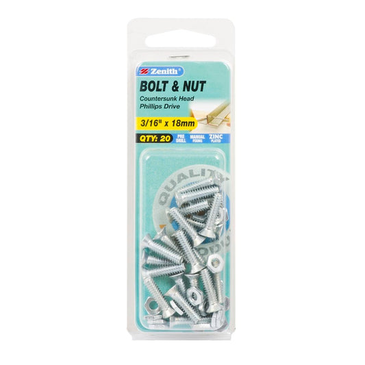 Zenith Countersunk Bolt and Nut 3/16 x 18mm Zinc Plated 20 Pack - Auzzistore