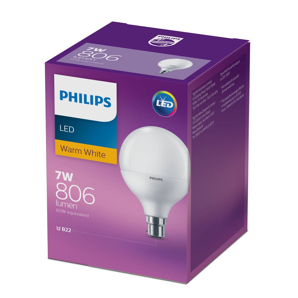 Philips G93 B22 LED 806lm Warm White 7W Globe - Plastic - Soft Light