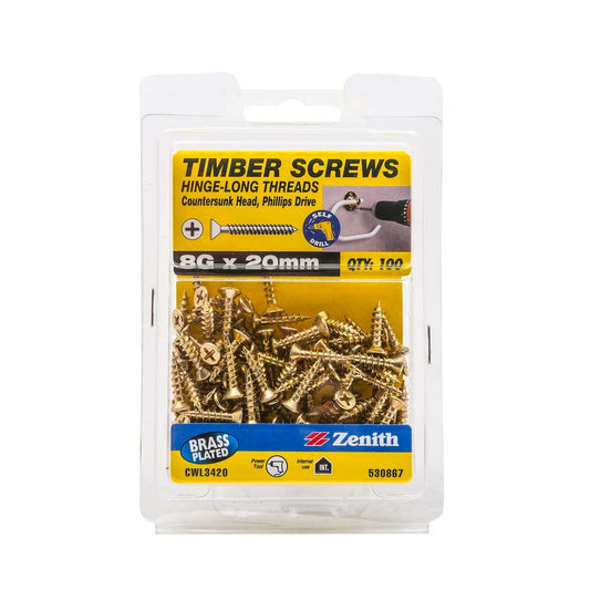 Zenith Timber Screws - 8g x 20mm - Brass Plated - Countersunk Head - 100 Pack - Auzzistore