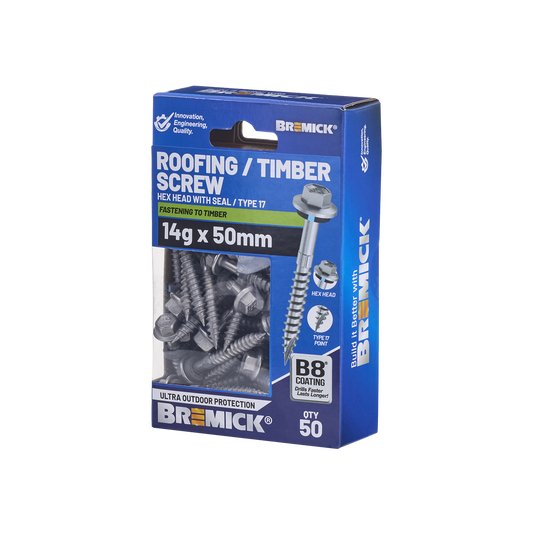 Bremick Hex Roofing Screw 14g x 50mm - Box of 50 - Watertight Seal - Corrosion Resistant - Auzzistore
