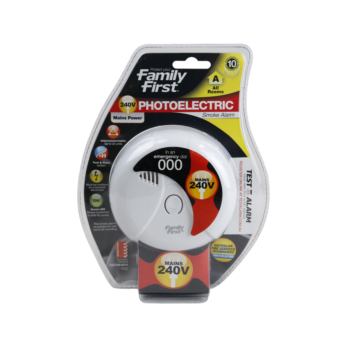 Family First Photoelectric Smoke Alarm 240V Interconnectable Plastic Safety