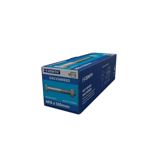 Zenith M16 x 120mm Hot Dip Galvanised Hex Head Bolts and Nuts 12 Pack - Auzzistore